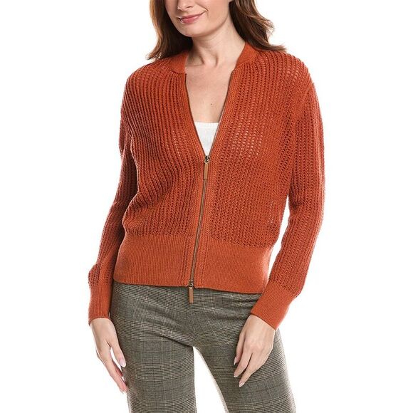 Lafayette 148 New York Sweaters - Lafayette 148 New York Womens  Textured Stitch Zip Front Cardigan, Orange